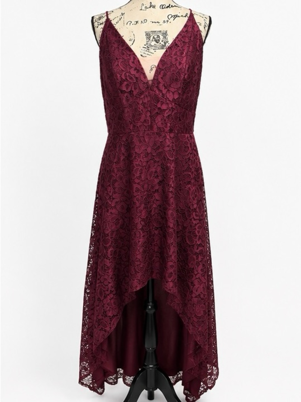 David’s Bridal V-Neck Burgundy Lace High-Low Dress